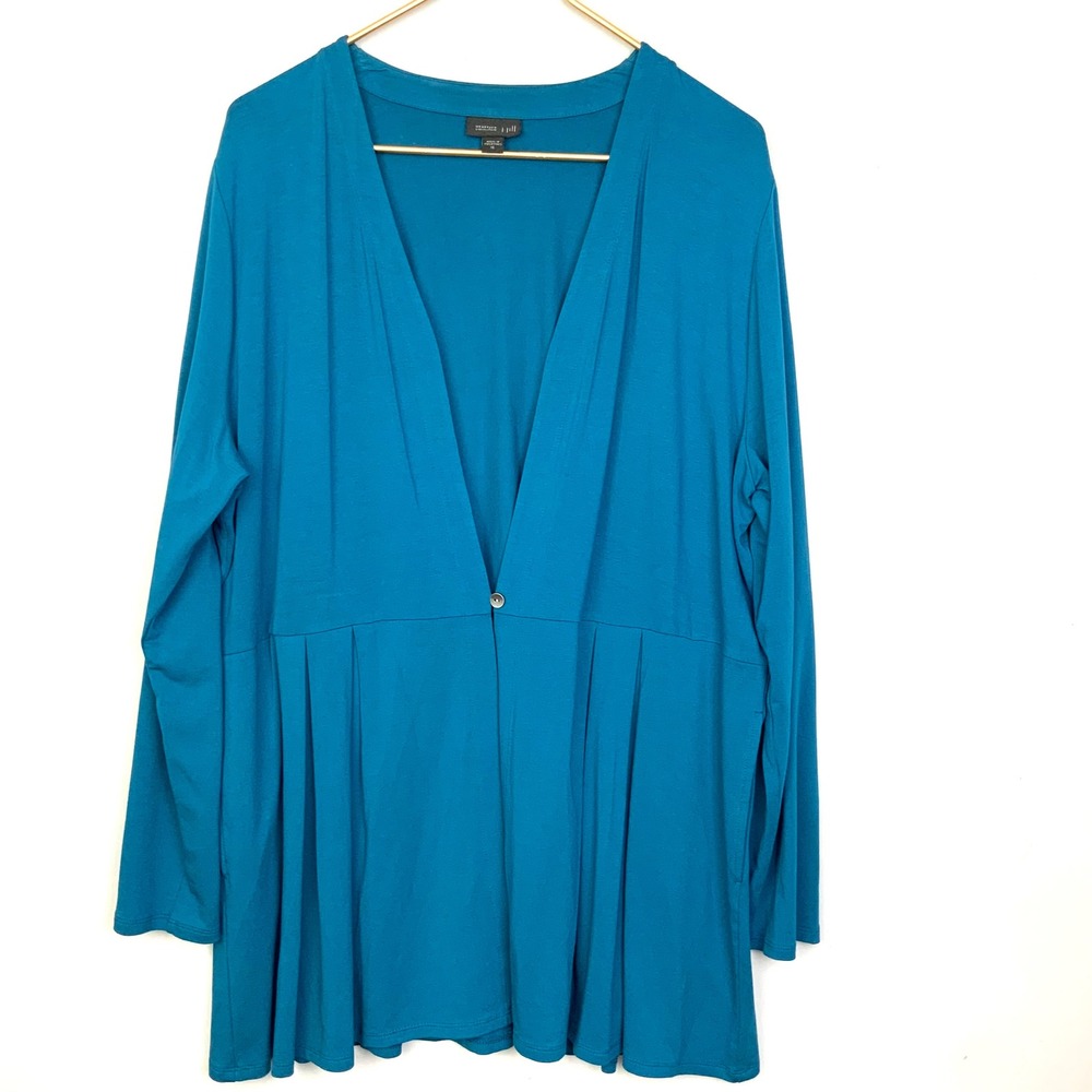 J. Jill Wearever Sz XL Teal One Button Pleated Rayon Jersey Lightweight Cardigan